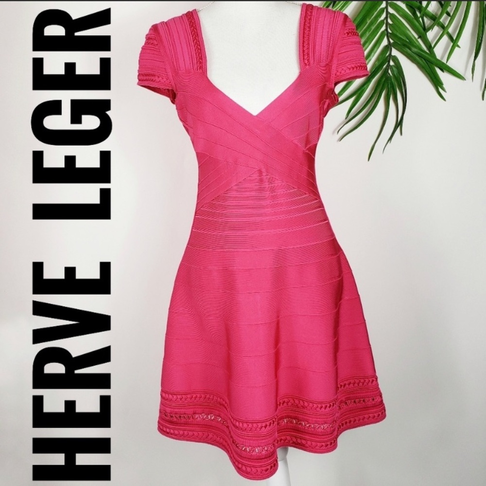 Herve Léger XS bright pink cap sleeve dress